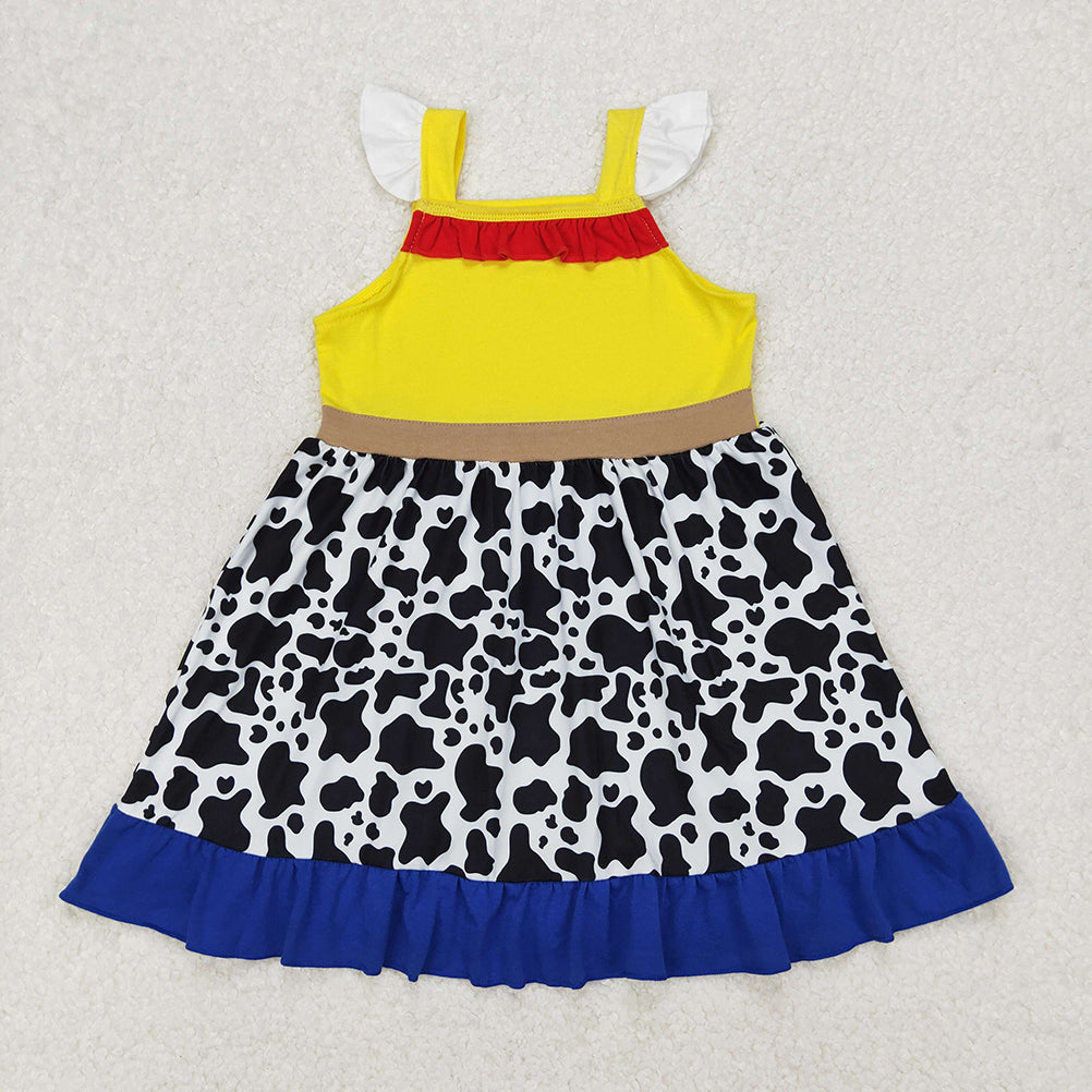 GSD1881 RTS NO MOQ Yellow cow print flutter sleeves ruffle baby girls dress