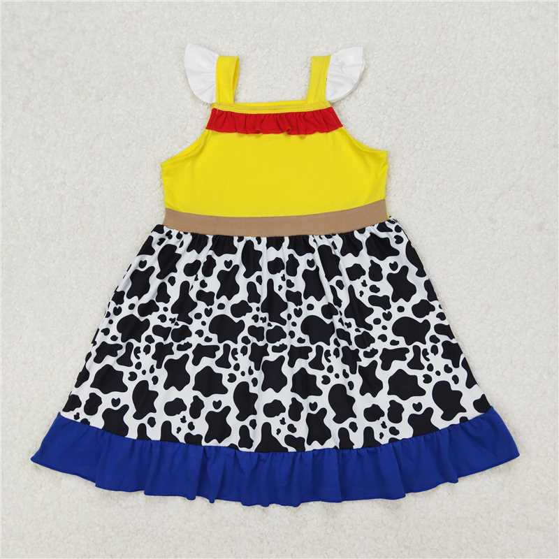 4.26 RTS NO MOQ Baby Girls Yellow Cow Print Dress with Flutter Sleeves And Ruffles Cute Infant Clothing