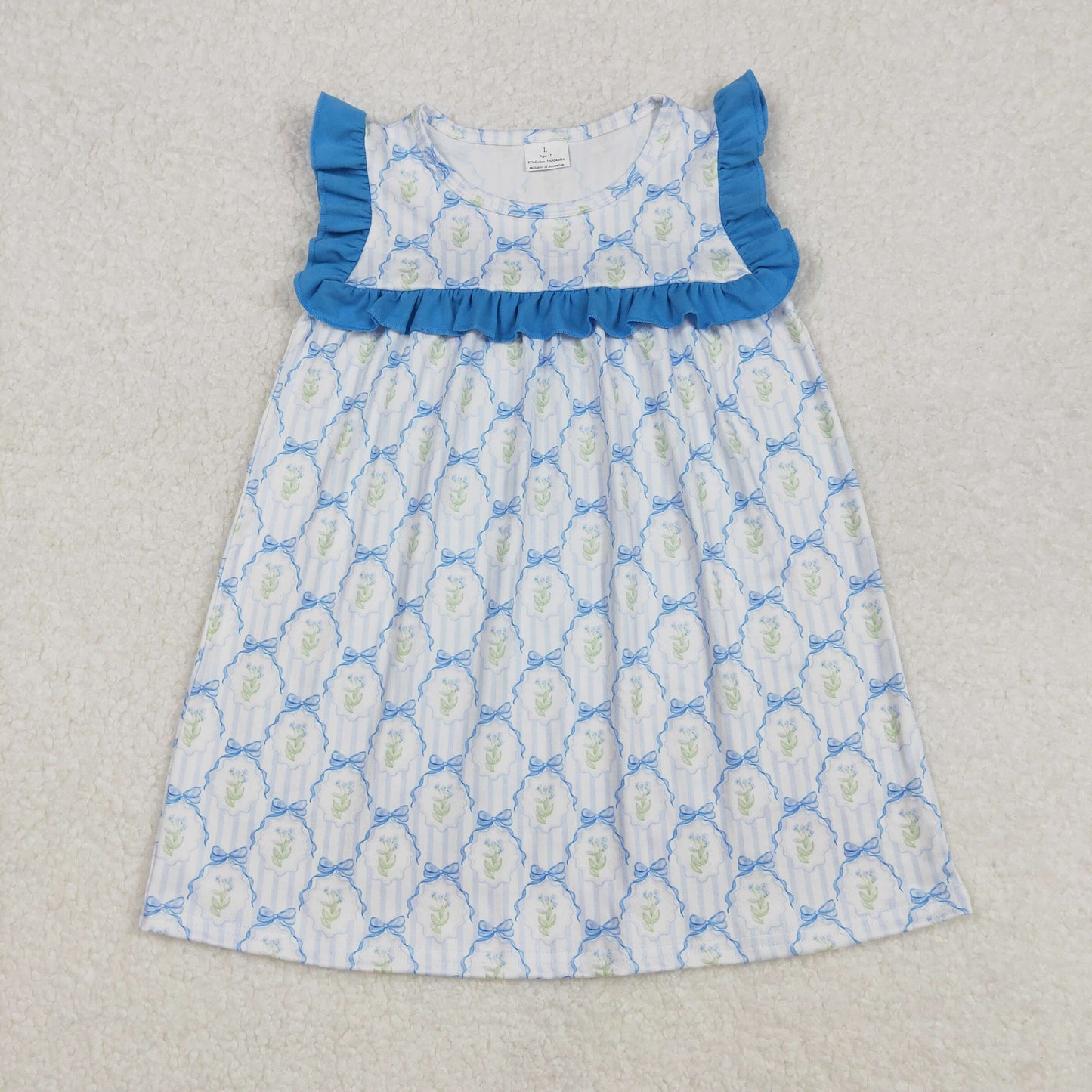 GSD1893Blue Ruffle Stripe Floral Bow Dress for Baby Girls Summer Casual Cotton Blend Clothing Outfit with Puff Sleeves