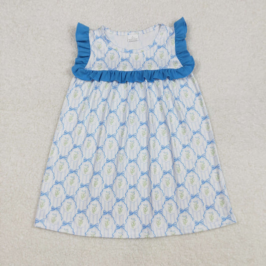 GSD1893Blue Ruffle Stripe Floral Bow Dress for Baby Girls Summer Casual Cotton Blend Clothing Outfit with Puff Sleeves