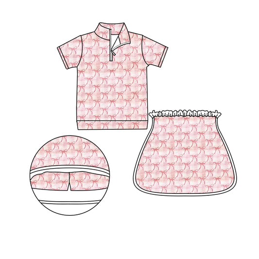 GSD1912Short sleeves plaid bow zip pullover skirt girls clothes