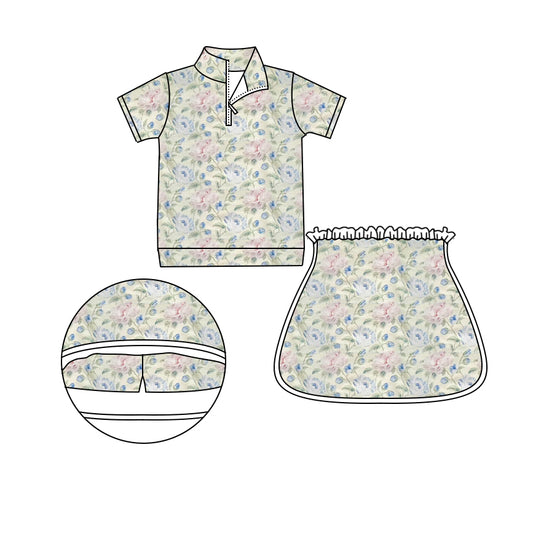 GSD1913Short sleeves pink blue floral zip pullover skirt girls clothes