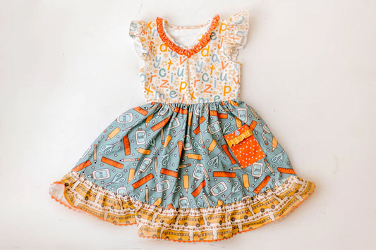 GSD1921Flutter sleeves letters glue ruler ruffle girls back to school dress