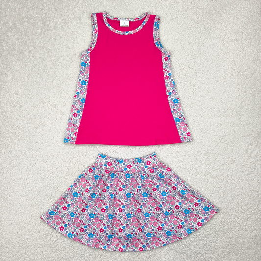 4.11 GSD1926 RTS NO MOQ Baby Girls Summer Outfits Sleeveless hot pink top floral skirt kids girls clothes