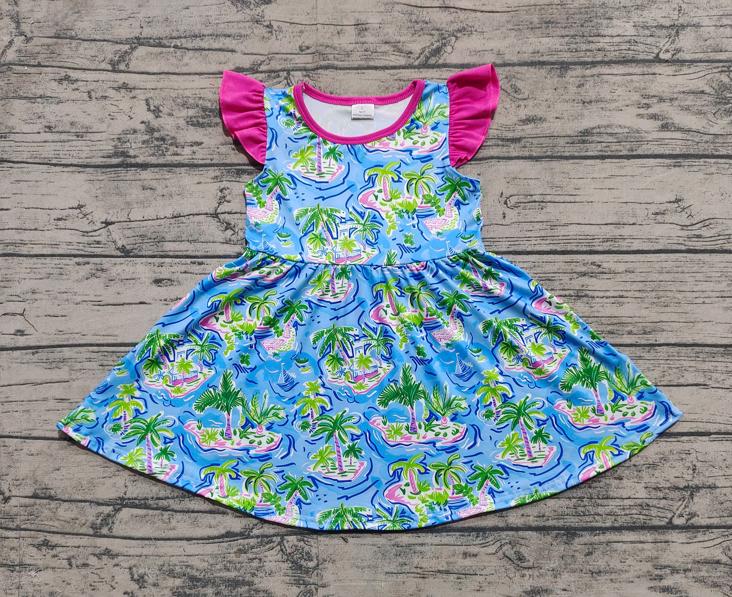 GSD1928Girls Summer Dress Watercolor Blue Boat Trees Flutter Sleeves Children's Fashion Casual Dresses for Girls