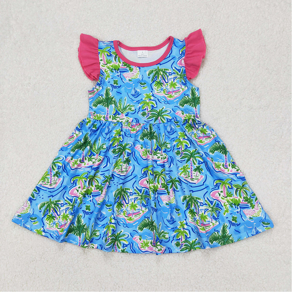 4.22 GSD1928 RTS NO MOQ Flutter sleeves watercolor blue boat trees girls summer dress