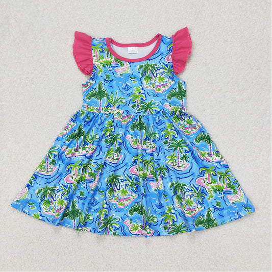 4.22 GSD1928 RTS NO MOQ Flutter sleeves watercolor blue boat trees girls summer dress
