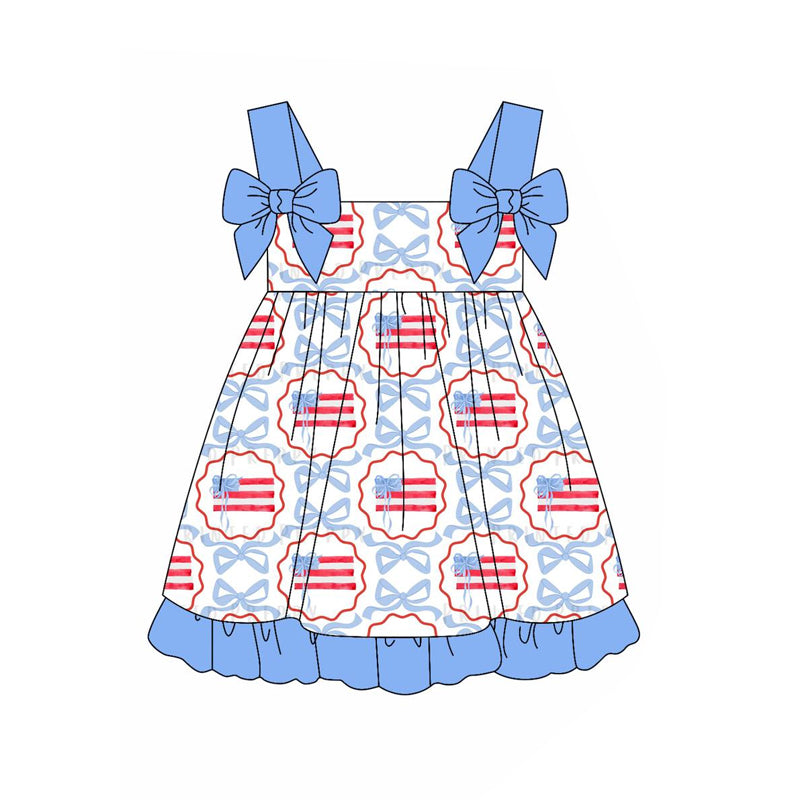 Blue straps bow flag kids girls 4th of july outfits