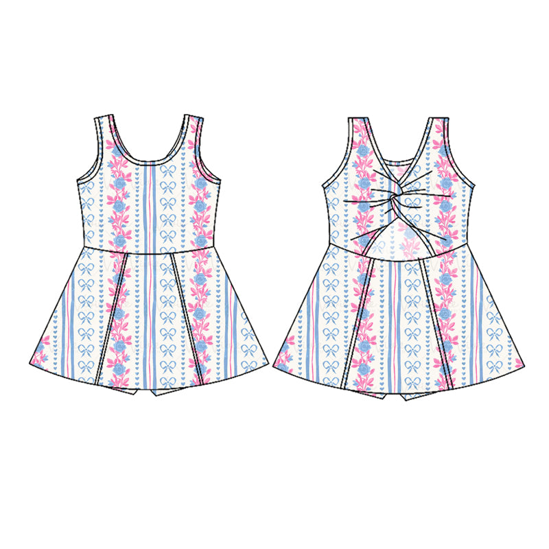 Sleeveless blue bow floral baby girls athletic dresses