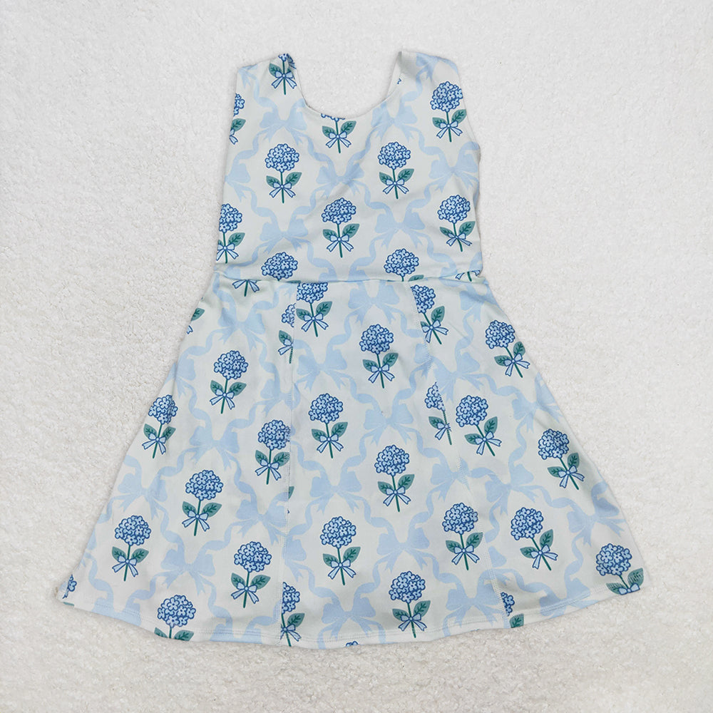 GSD1944RTS NO MOQ Baby Girls Summer Yoga Dress Light Blue Sleeveless Bow Floral Baby Girls Athletic Dresses - Soft Cotton Comfortable Fit for Active Kids