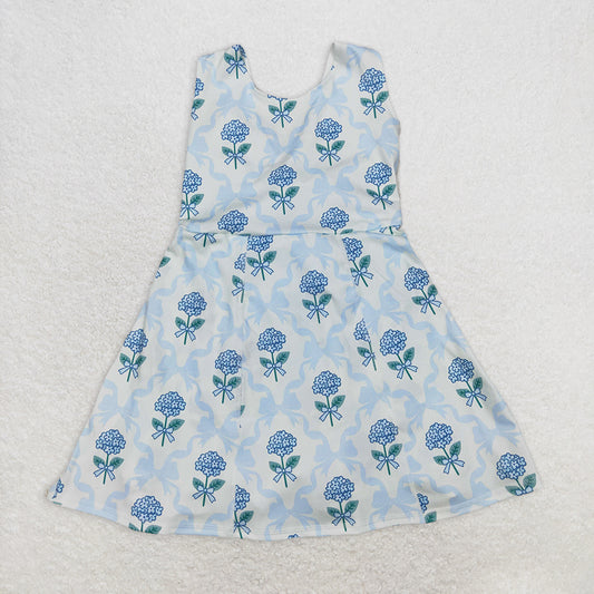 GSD1944RTS NO MOQ Baby Girls Summer Yoga Dress Light Blue Sleeveless Bow Floral Baby Girls Athletic Dresses - Soft Cotton Comfortable Fit for Active Kids