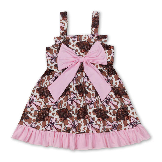 RTS Sibling Straps highland cow bow ruffle western baby girls dresses and romper