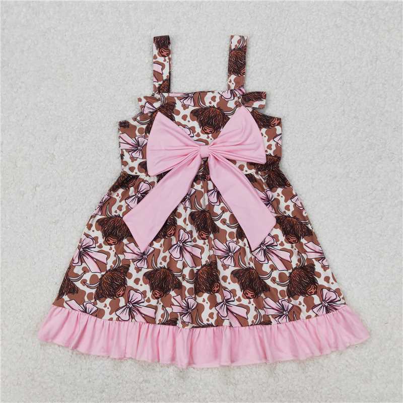 4.21 RTS NO MOQ Highland Cow Bow Ruffle Western Baby Girls Dress Straps Cute Animal Theme Girls Clothing