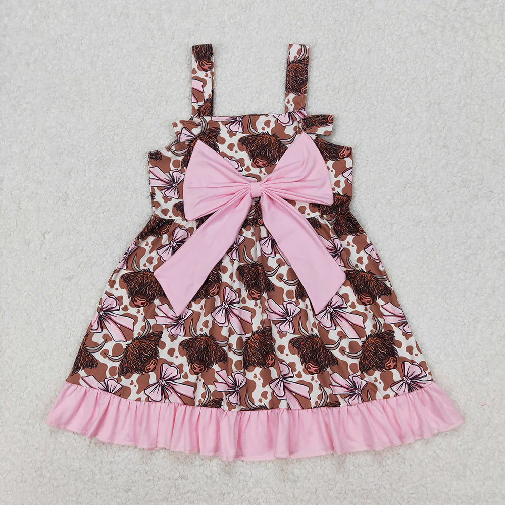 12.4 RTS Sibling Baby Girls Bows Highland Cows Rompers Dresses
