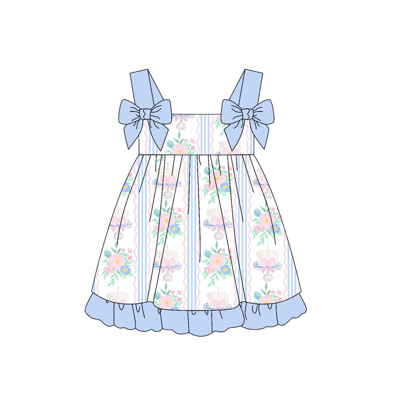 Baby Girls Blue Bows Strap Floral Stripe Tunic Ruffle Short Set