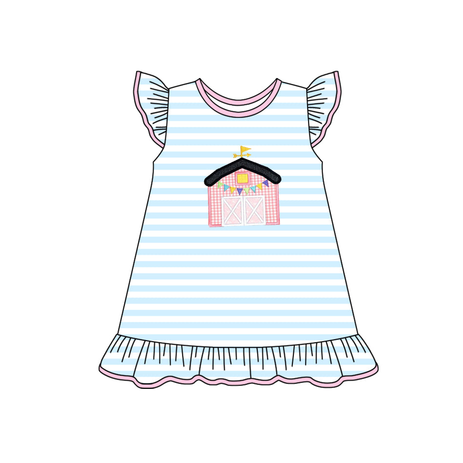 Baby Girls Light Blue Stripe Flutter Sleeves House Tunic Pink Ruffle Short Farm Set
