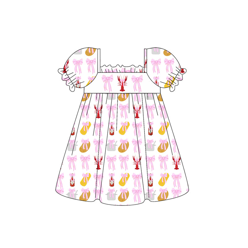 Baby Girls Short Ruffle Sleeves Pink Bows Crayfishes Corn Dress