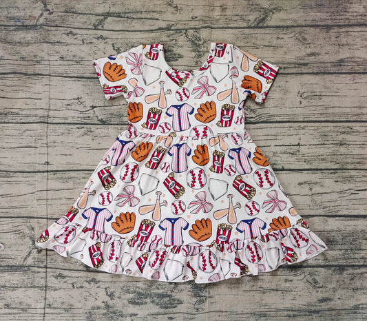 GSD1960Baby Girls Ruffle Dresses Short Sleeves Baseball Bow Cute Children's Clothing for Girls