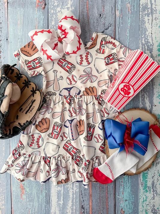 GSD1960Baby Girls Khaki Short Sleeves Baseballs Bows Corn Dress