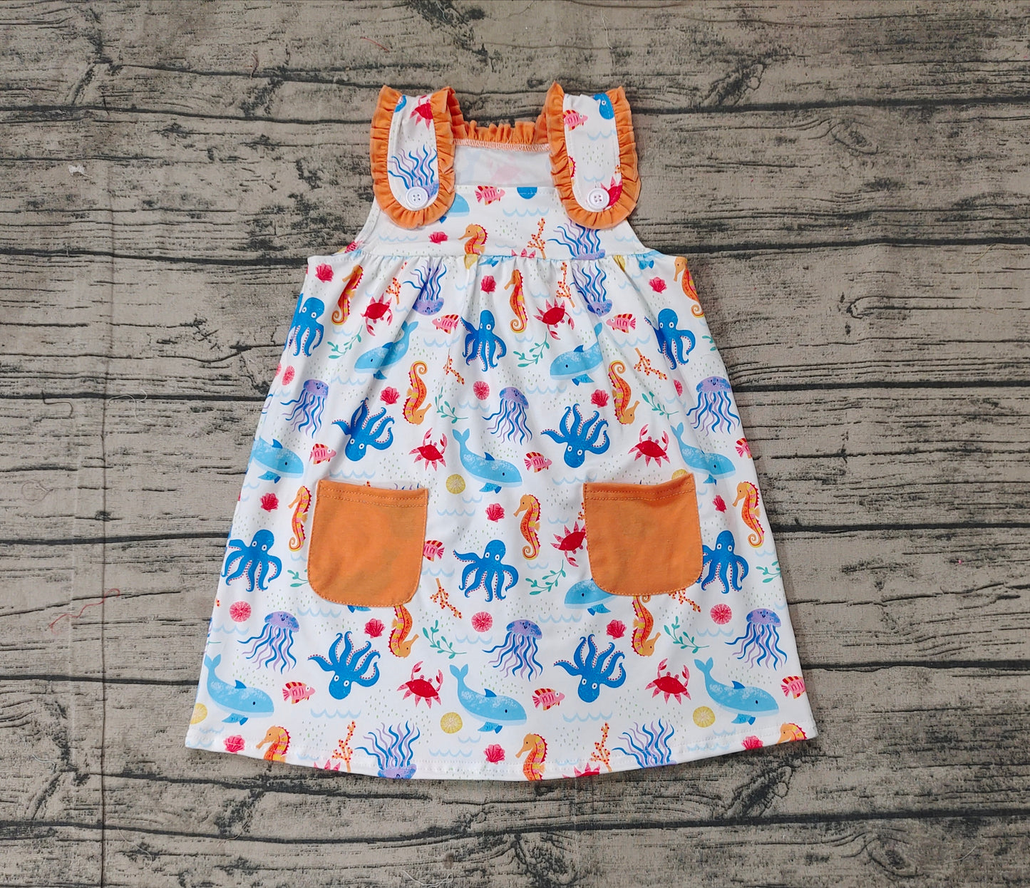 GSD1961Baby Girls' Cute Sleeveless Dresses Sporting Seahorse and Octopus Pockets