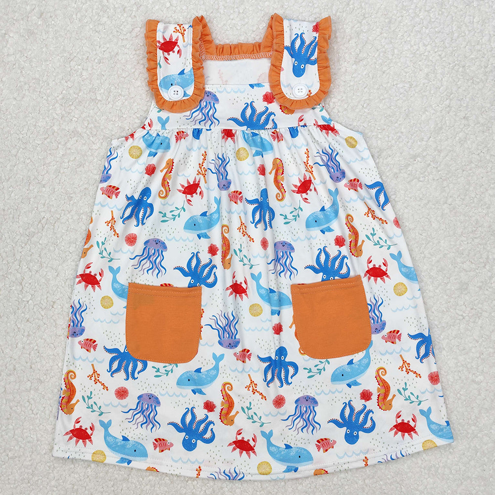 GSD1961Baby Girls Sleeveless Dress with Seahorse & Octopus Pockets Cute Sea Creature Print for Little Ones