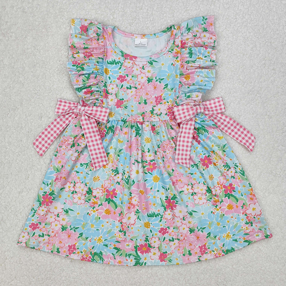 GSD1962Floral Pink Plaid Bow Baby Girls Sleeveless Summer Dress Cute Children's Clothing