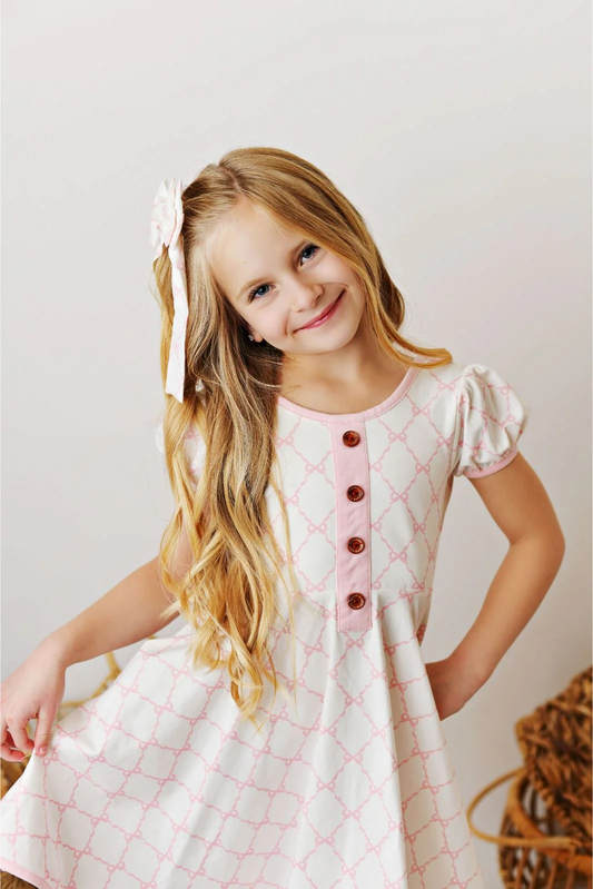 GSD1963Baby Girls Short Ruffle Sleeves Button Down Top Pink Plaid Bows Dress