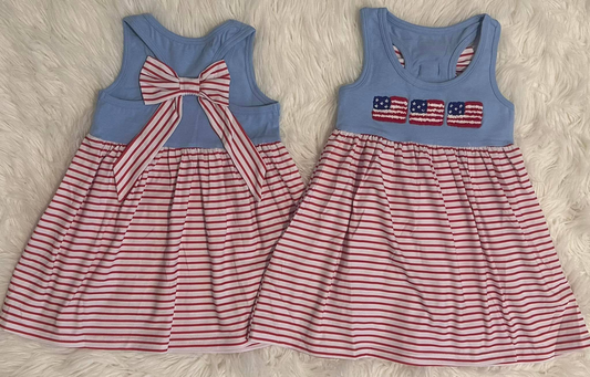 GSD1964Baby Girls Blue Sleeveless Flags Backless Bow Top Red Stripe 4th Of July Dress