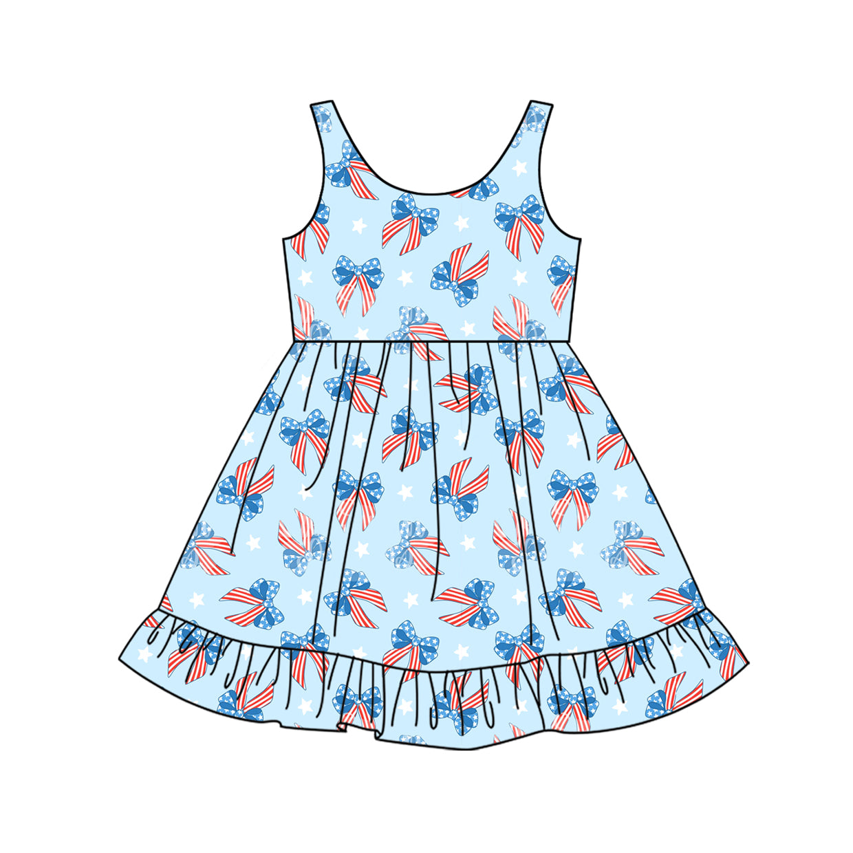 Baby Girls Blue Sleeveless Blue Red Bows 4th Of July Dress