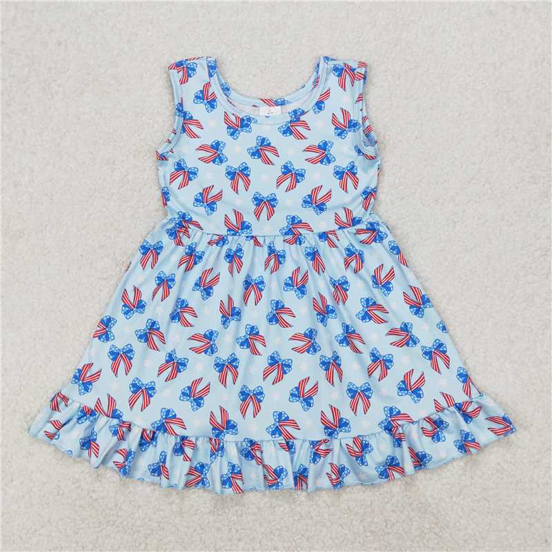 4.26 RTS NO MOQ Baby Girls Sleeveless Dress Blue Stars Stripe Bows Fourth of July Outfit for Toddlers