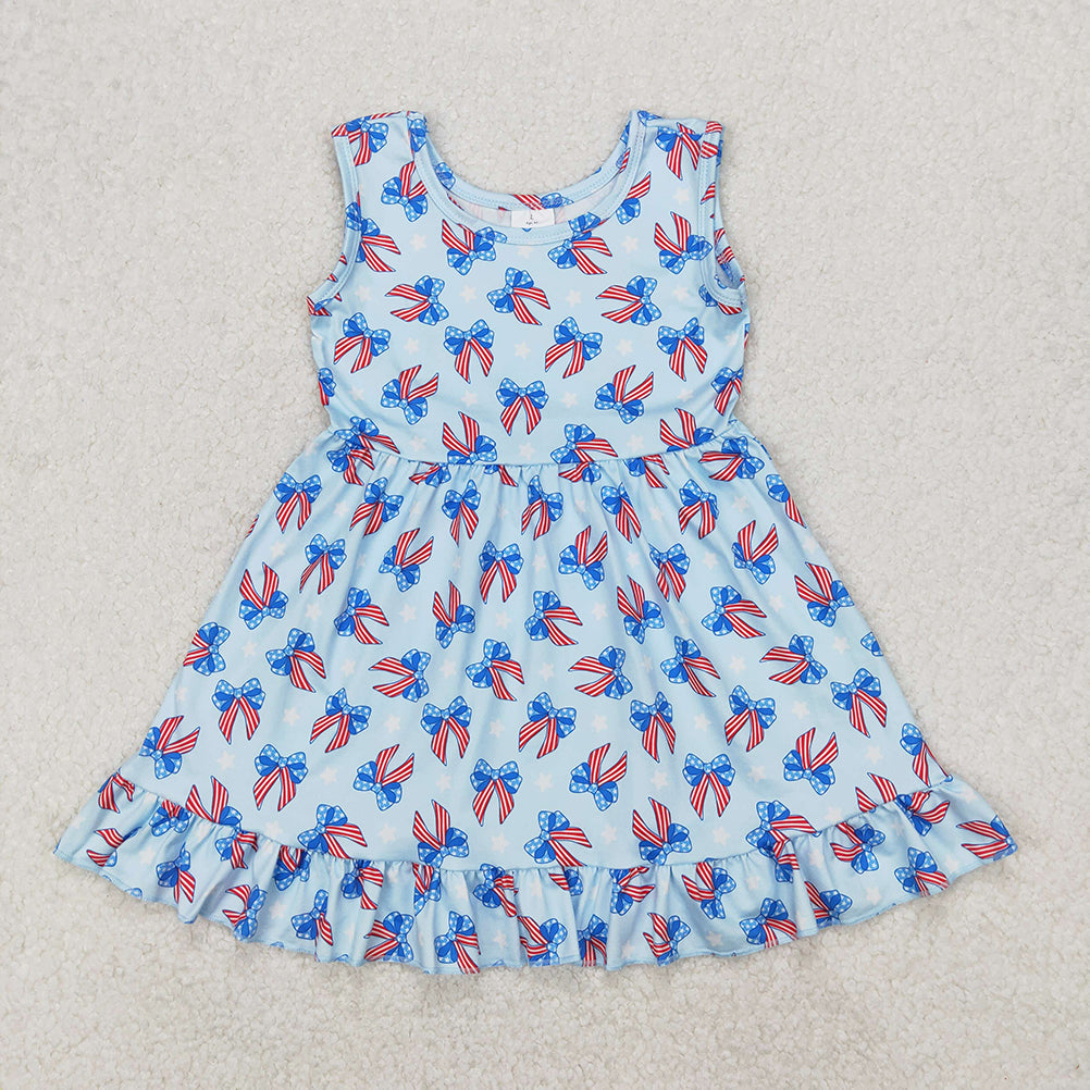 GSD1965 New Rts No Moq 8-9 Days By Air Arrived it Sleeveless blue stars stripe bows baby girls 4th of july dress