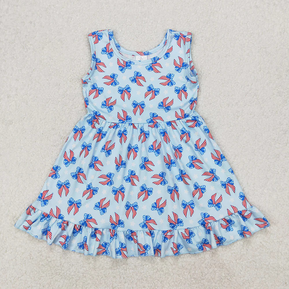 12.5 RTS Sibling Baby Girls 4th Of July Bows Sleeveless Rompers Dresses