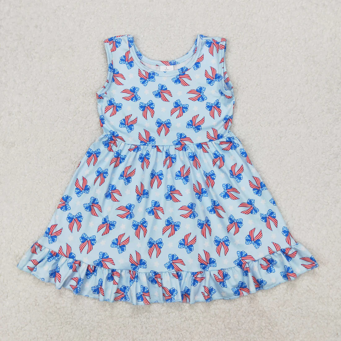 3.18 RTS Sibling Baby Girls Sleeveless Bows Stars 4th of July Ruffle Knee Length Dresses