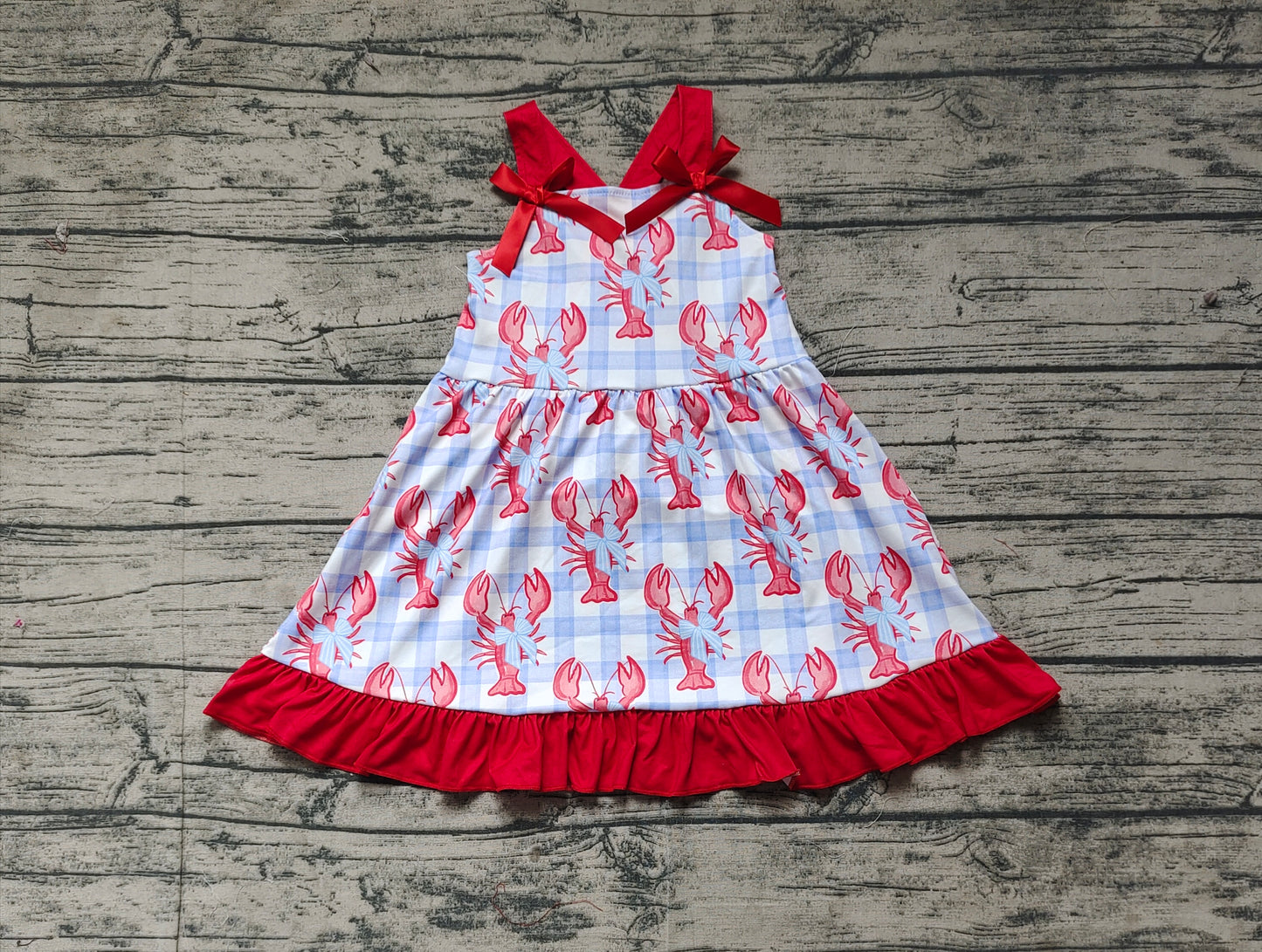 GSD1968Red Bow Straps Crawfish Plaid Dress for Baby Girls Summer Outfit Cute Plaid Print with Bow Details Infant Clothing