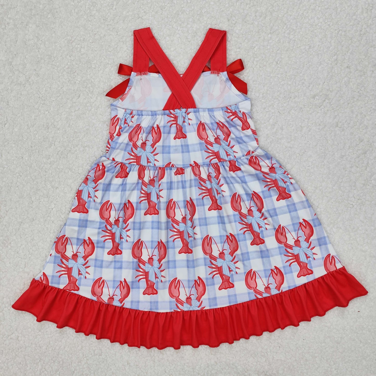 GSD1968Red Bow Straps Crawfish Plaid Dress for Baby Girls Summer Outfit Cute Plaid Print with Bow Details Infant Clothing