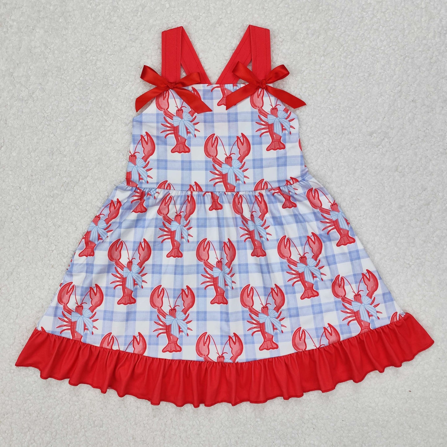 GSD1968Red Bow Straps Crawfish Plaid Dress for Baby Girls Summer Outfit Cute Plaid Print with Bow Details Infant Clothing
