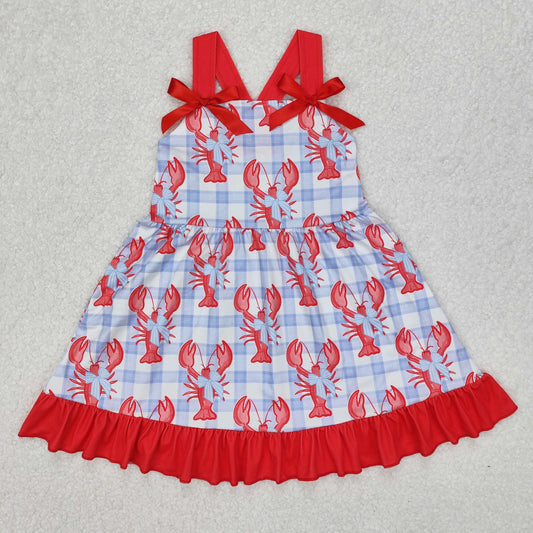 GSD1968Red Bow Straps Crawfish Plaid Dress for Baby Girls Summer Outfit Cute Plaid Print with Bow Details Infant Clothing