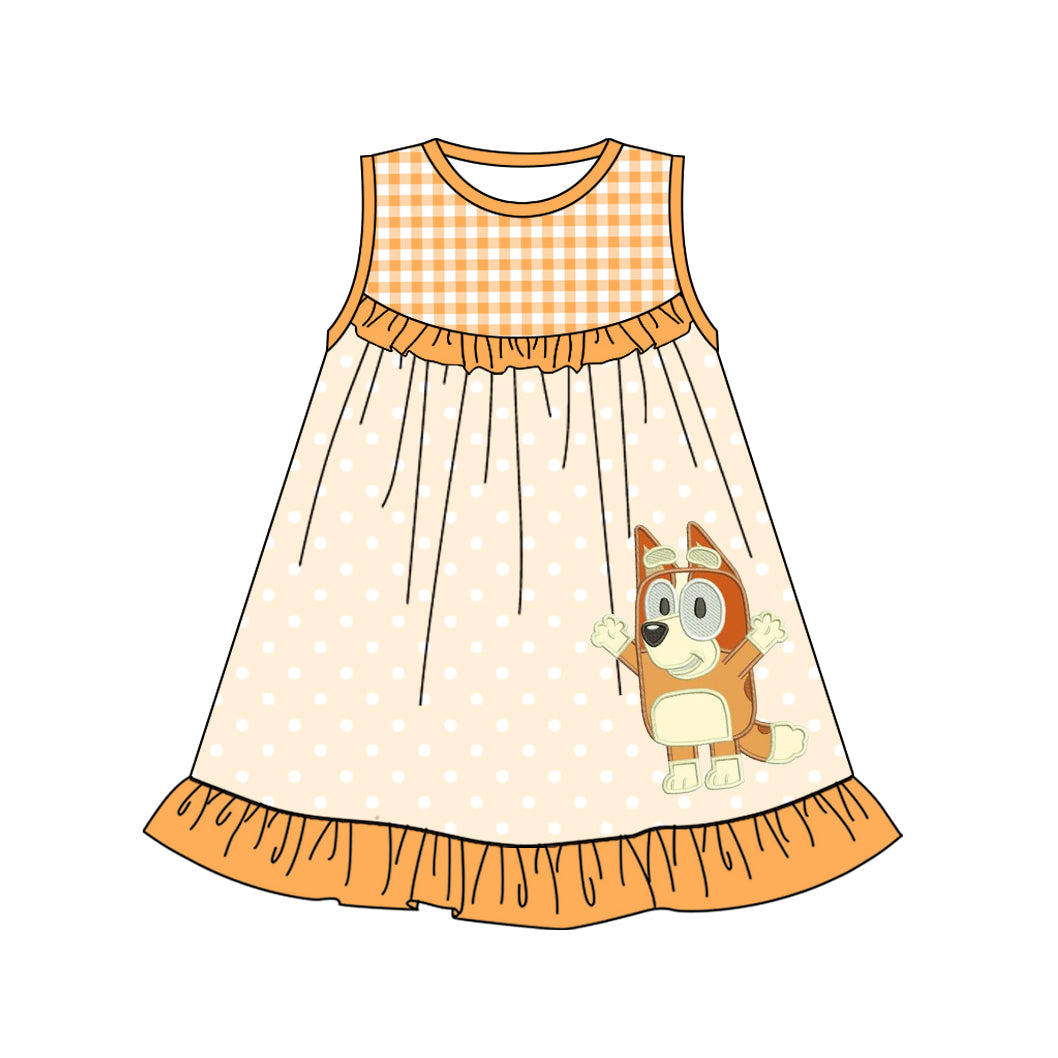 Baby Girls Yellow Sleeveless Plaid Polka Dots Cartoon Dogs Tunic Ruffle Short Set