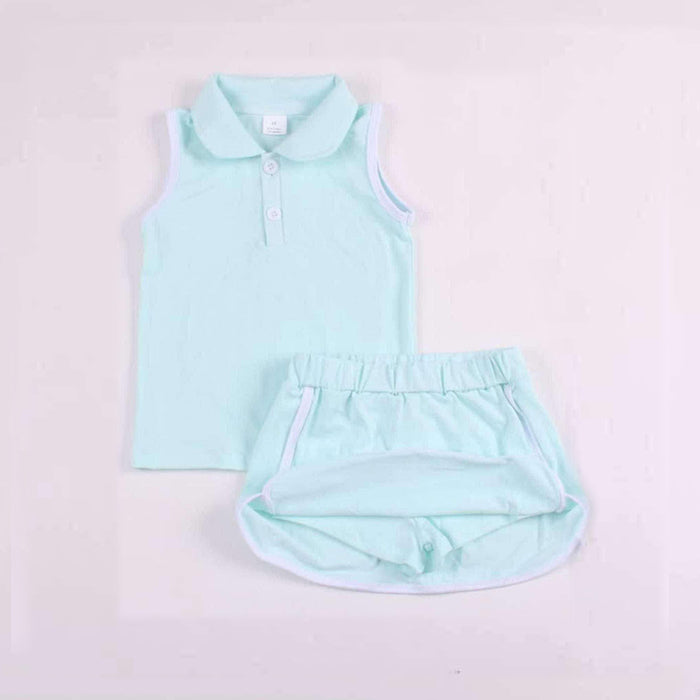 Baby Girls Blue Sleeveless Button Down Top Skirt With Short Cotton Set
