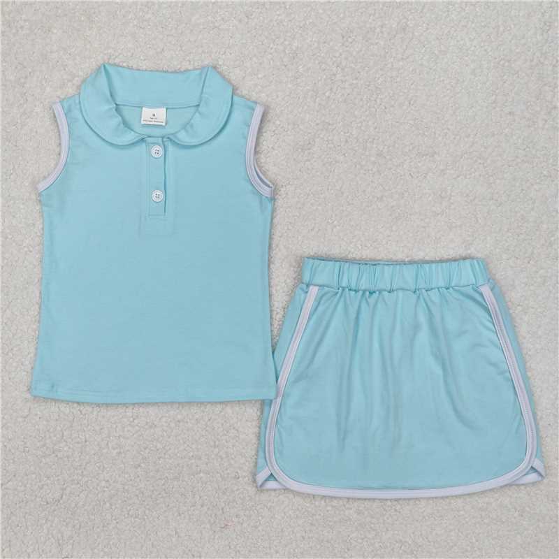 Kids Girls Light Blue Cotton Sleeveless Polo Shirt Skirt Set - Breathable Comfortable Children's Clothing