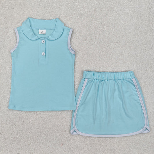 GSD1973Kids Girls Mint Sleeveless Polo Shirt Skirt Set Cotton Lightweight Breathable Clothing Outfit for Spring/Summer