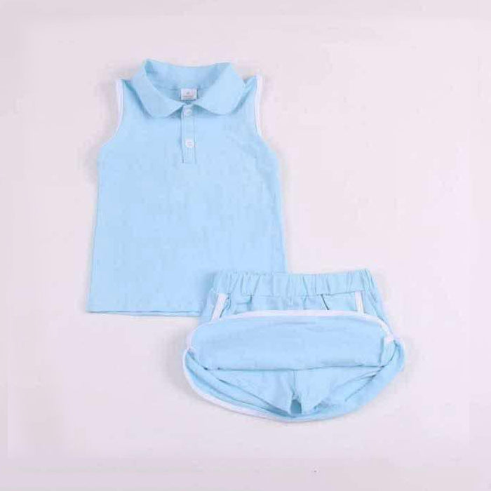 Baby Girls Blue Sleeveless Button Down Top Skirt With Short Cotton Set