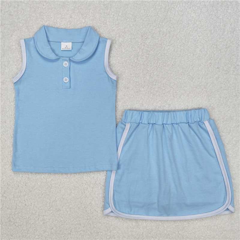 Kids Girls Light Blue Cotton Sleeveless Polo Shirt Skirt Set - Breathable Comfortable Children's Clothing