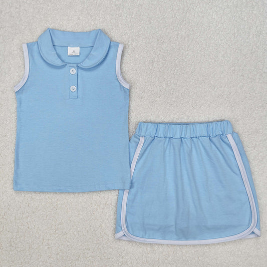 GSD1974Kids Girls Light Blue Cotton Sleeveless Polo Shirt Skirt Set - Breathable Comfortable Children's Clothing Outfit
