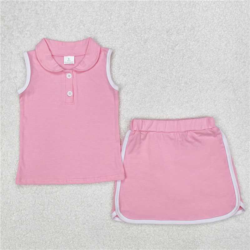 Kids Girls Light Blue Cotton Sleeveless Polo Shirt Skirt Set - Breathable Comfortable Children's Clothing