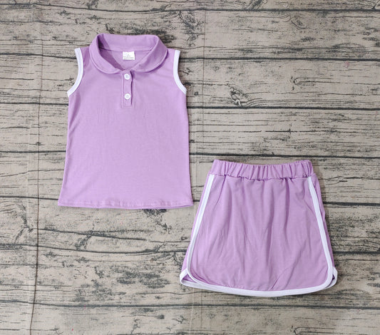 GSD1976Lavender sleeveless polo shirt skirt cotton kids girls clothing set