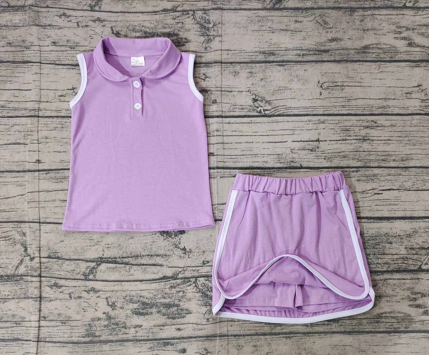 GSD1976Lavender sleeveless polo shirt skirt cotton kids girls clothing set