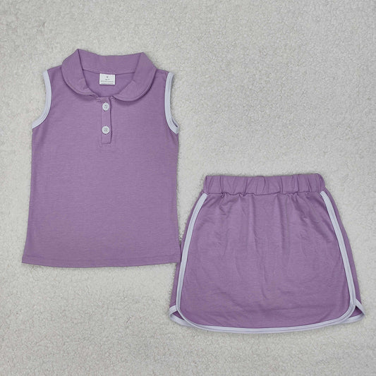 GSD1976Lavender Cotton Sleeveless Polo Shirt Skirt Set for Girls Kids Clothing Outfit
