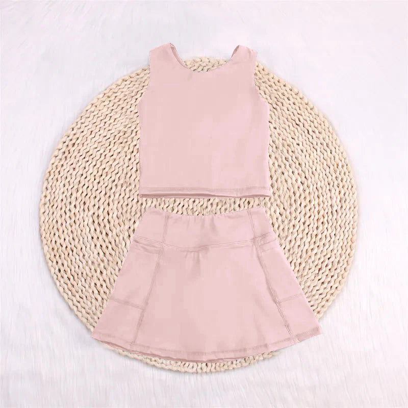 7.14 GSD1977 RTS NO MOQ Baby Girls Yoga Outfits Baby Girls Peach Sleeveless Top Pockets Skirt Yoga Set