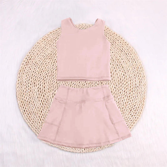7.14 GSD1977 RTS NO MOQ Baby Girls Yoga Outfits Baby Girls Peach Sleeveless Top Pockets Skirt Yoga Set